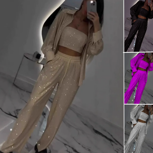 ⏳Time-limited Special⏰Women's Sequin Blazer & Wide-Leg Pants (3-Piece Set)