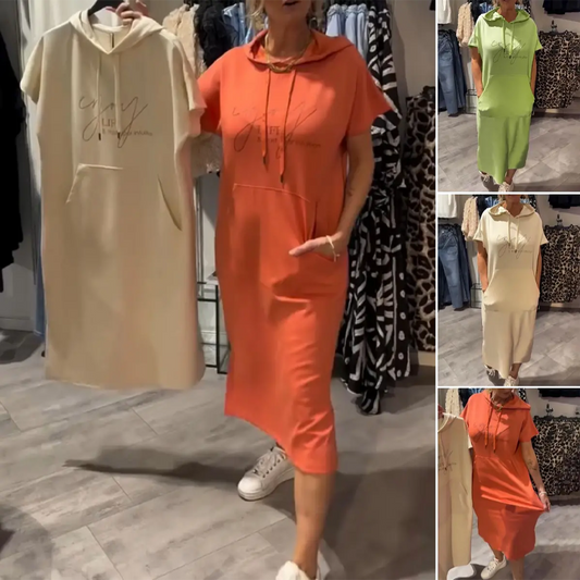 🎯Limited time 50% OFF✨Women’s Solid Short-Sleeve Hooded Long Dress👗