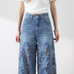 ⏳Time-limited Special⏰Women's High-Waisted Blue Denim Wide-Leg Pants (Hollow-out Lace Panels)