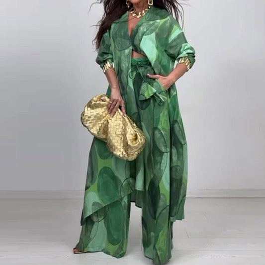 🎊2025 Time-limited Special：50%OFF🎊Fashion Print Long Sleeve Shirt & Wide Leg Pants 2-Piece Set