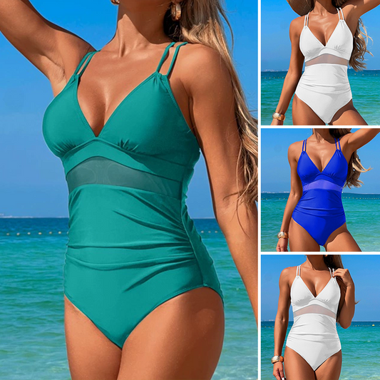 🔥2025 HOT SALE🔥Women's Solid Mesh V-Neck One-Piece Swimsuit