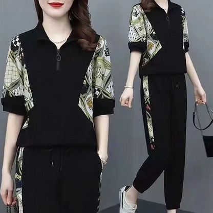 Women's Floral Patchwork Sports Short Sleeve Top& Casual Pants Set