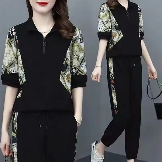 Women's Floral Patchwork Sports Short Sleeve Top& Casual Pants Set