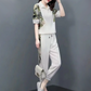 Women's Floral Patchwork Sports Short Sleeve Top& Casual Pants Set