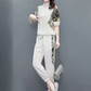 Women's Floral Patchwork Sports Short Sleeve Top& Casual Pants Set